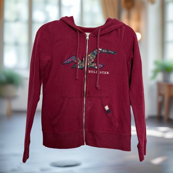 Hollister Jackets & Blazers - Hollister burgundy zip hoodie medium floral logo Y2K vintage cozycore See pics